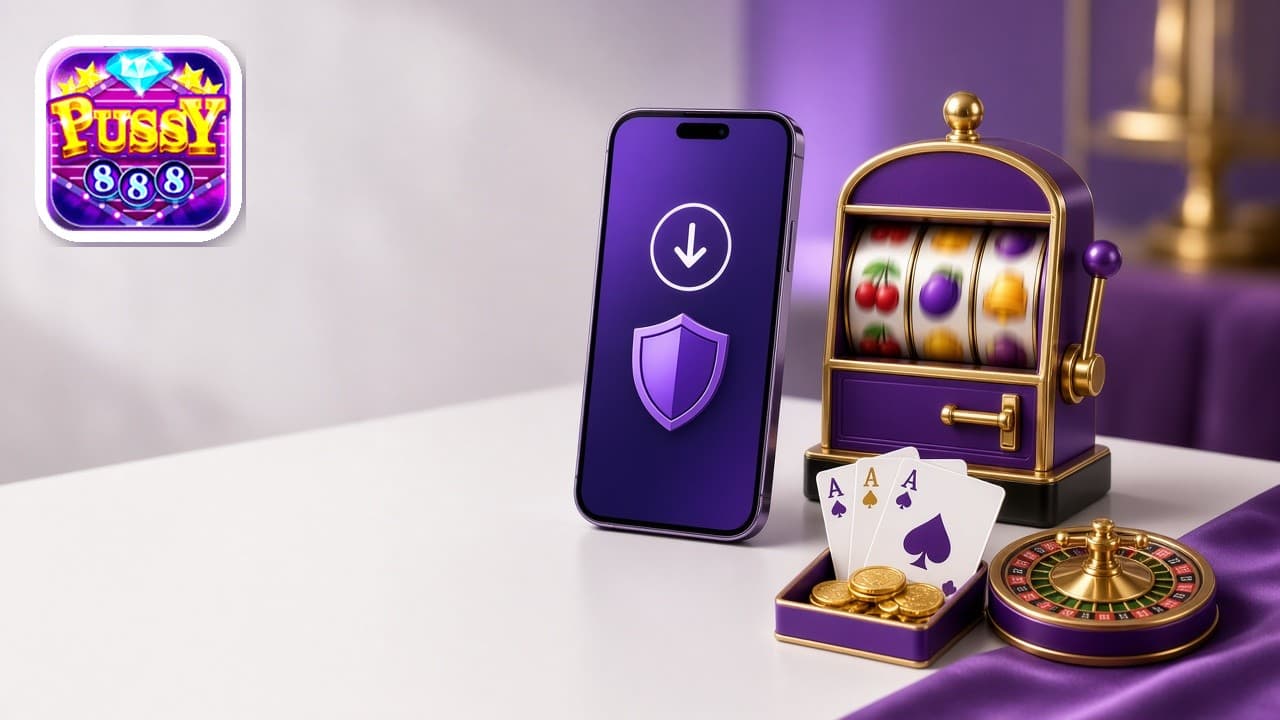Pussy888 logo beside a phone, a slot machine, playing cards, and a roulette wheel